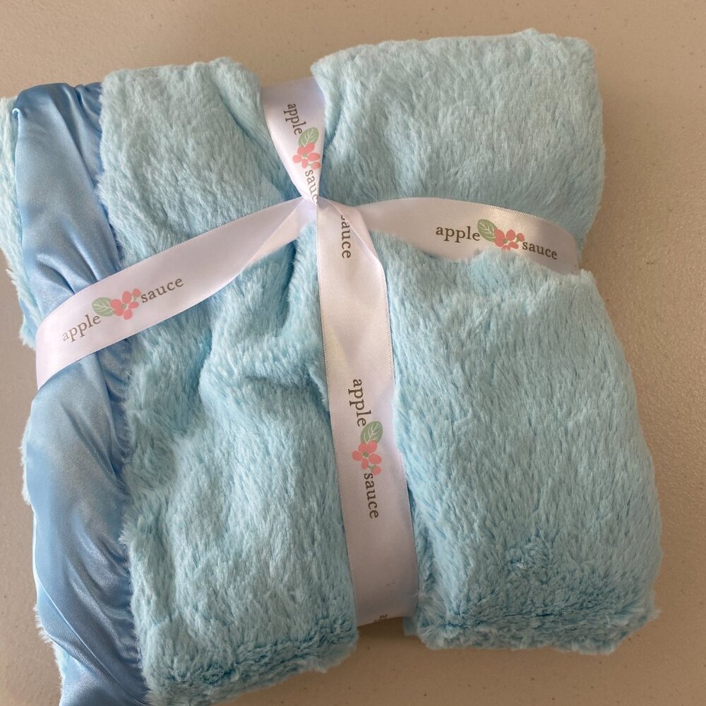 Blue Satin Trimmed Baby Blanket Blue 30" x 40" By Apple sauce - Picture 2 of 4